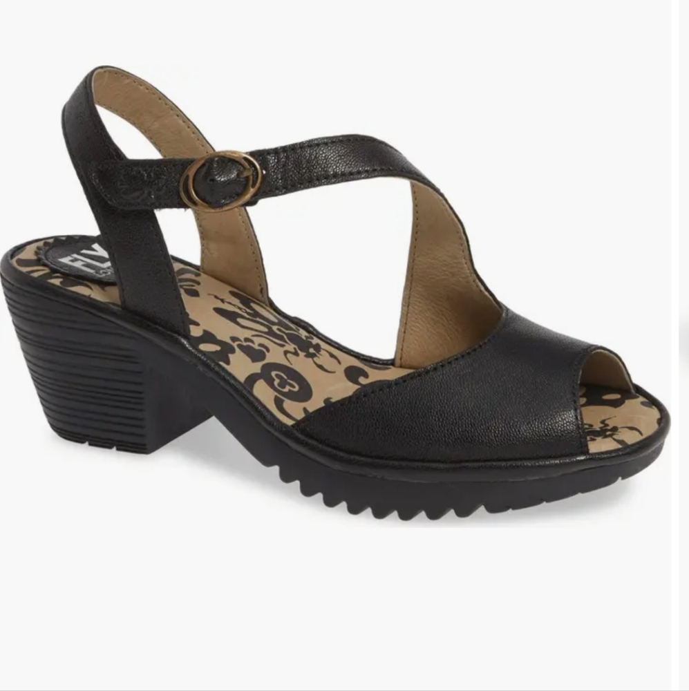 Like New Fly London Wyno Black Wedge Sandals with adjustable cross-strap